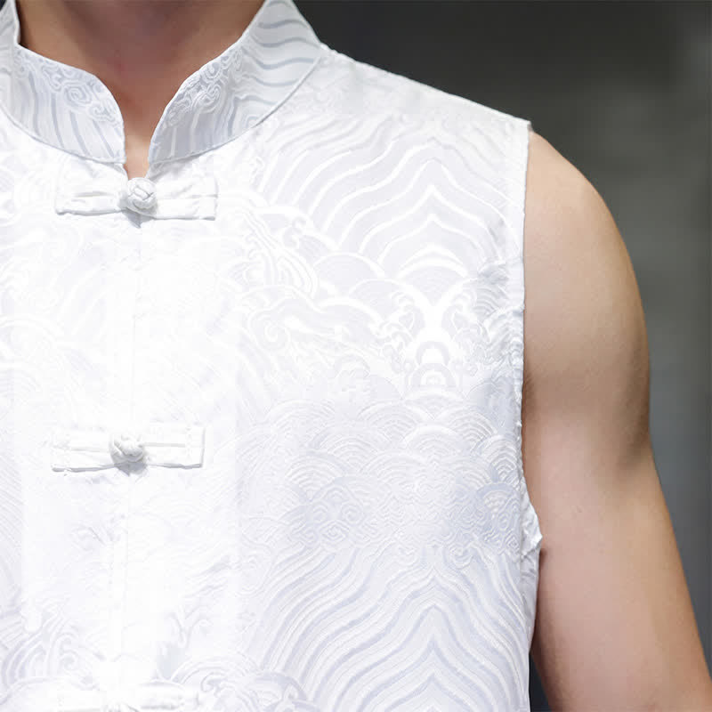 Buddha Stones Sommerliches Tanktop im Tang-Stil mit Stehkragen, Froschknopfleiste und abstraktem Meereswellenmuster, ärmellos, mit Tasche für Herren - image 26