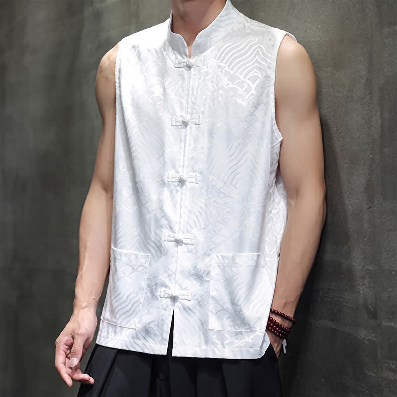 Buddha Stones Sommerliches Tanktop im Tang-Stil mit Stehkragen, Froschknopfleiste und abstraktem Meereswellenmuster, ärmellos, mit Tasche für Herren - image 22