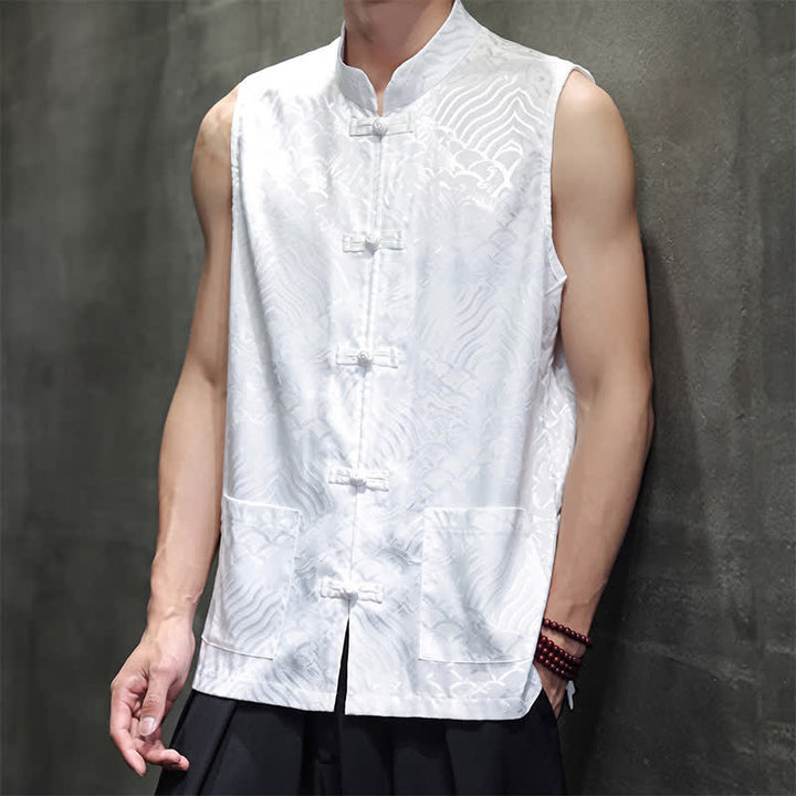 Buddha Stones Sommerliches Tanktop im Tang-Stil mit Stehkragen, Froschknopfleiste und abstraktem Meereswellenmuster, ärmellos, mit Tasche für Herren - image 22