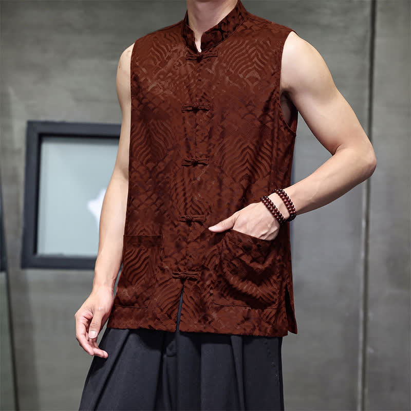 Buddha Stones Sommerliches Tanktop im Tang-Stil mit Stehkragen, Froschknopfleiste und abstraktem Meereswellenmuster, ärmellos, mit Tasche für Herren - image 12