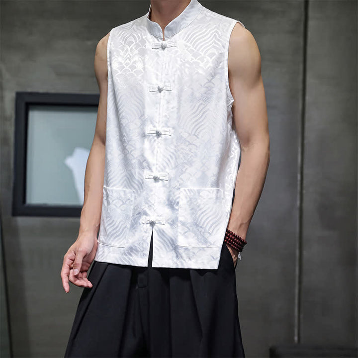 Buddha Stones Sommerliches Tanktop im Tang-Stil mit Stehkragen, Froschknopfleiste und abstraktem Meereswellenmuster, ärmellos, mit Tasche für Herren - image 23