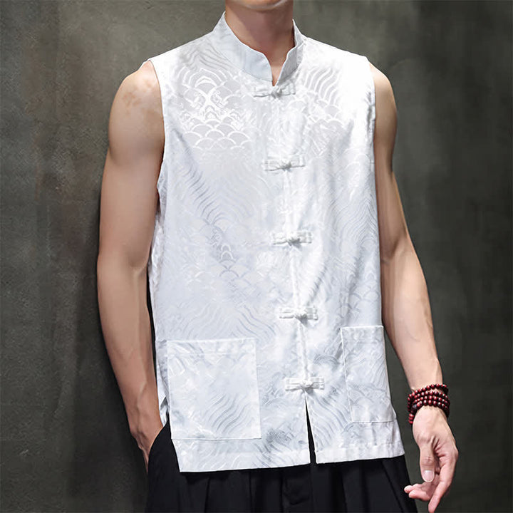 Buddha Stones Sommerliches Tanktop im Tang-Stil mit Stehkragen, Froschknopfleiste und abstraktem Meereswellenmuster, ärmellos, mit Tasche für Herren - image 21