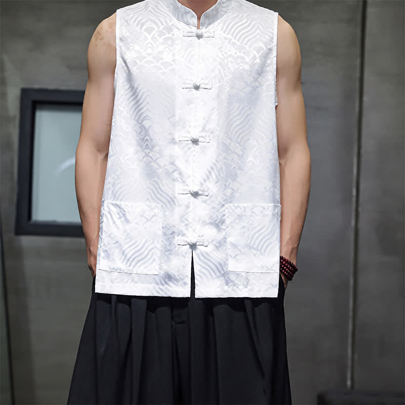 Buddha Stones Sommerliches Tanktop im Tang-Stil mit Stehkragen, Froschknopfleiste und abstraktem Meereswellenmuster, ärmellos, mit Tasche für Herren - Weiß - US/UK/AU46, EU56 (5XL) - image 16