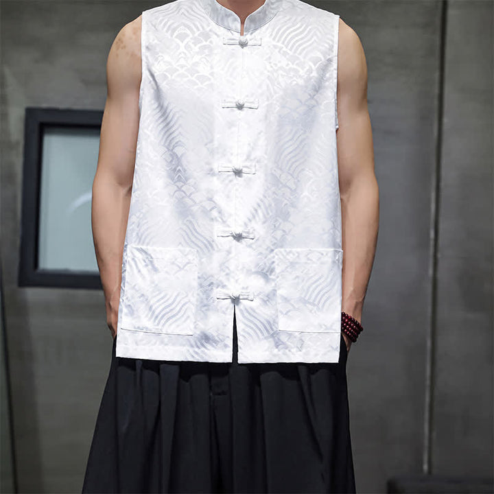 Buddha Stones Sommerliches Tanktop im Tang-Stil mit Stehkragen, Froschknopfleiste und abstraktem Meereswellenmuster, ärmellos, mit Tasche für Herren - Weiß - US/UK/AU46, EU56 (5XL) - image 16