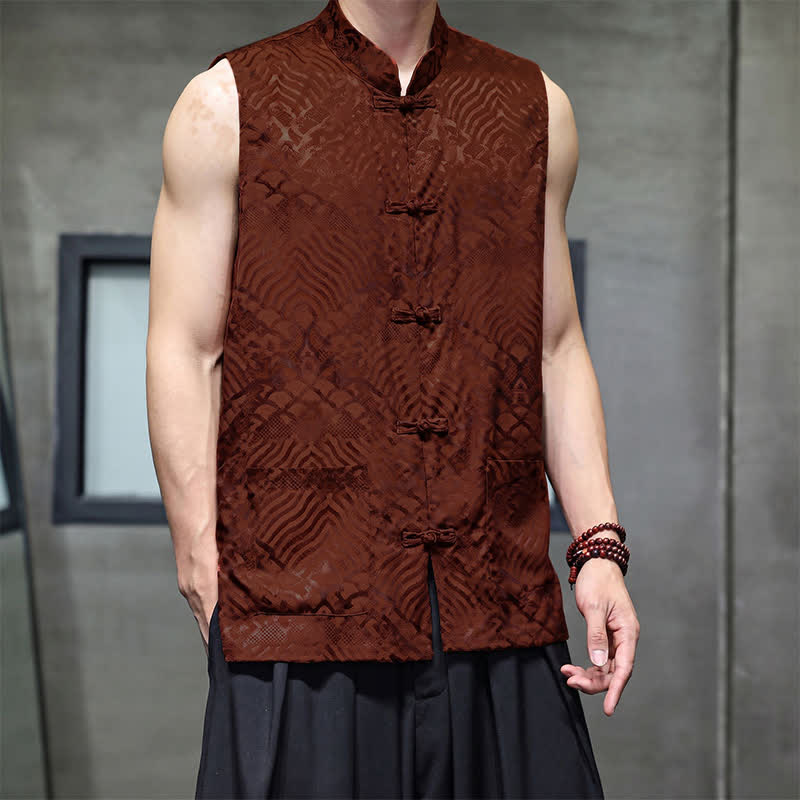 Buddha Stones Sommerliches Tanktop im Tang-Stil mit Stehkragen, Froschknopfleiste und abstraktem Meereswellenmuster, ärmellos, mit Tasche für Herren - image 13