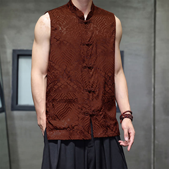Buddha Stones Sommerliches Tanktop im Tang-Stil mit Stehkragen, Froschknopfleiste und abstraktem Meereswellenmuster, ärmellos, mit Tasche für Herren - image 13