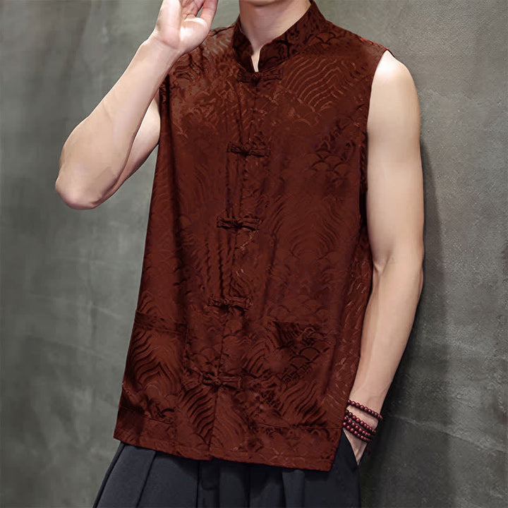 Buddha Stones Sommerliches Tanktop im Tang-Stil mit Stehkragen, Froschknopfleiste und abstraktem Meereswellenmuster, ärmellos, mit Tasche für Herren - image 8