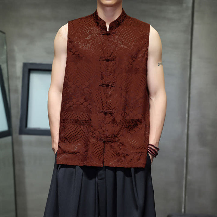Buddha Stones Sommerliches Tanktop im Tang-Stil mit Stehkragen, Froschknopfleiste und abstraktem Meereswellenmuster, ärmellos, mit Tasche für Herren - Feuerfestziegel - US/UK/AU46, EU56 (5XL) - image 7