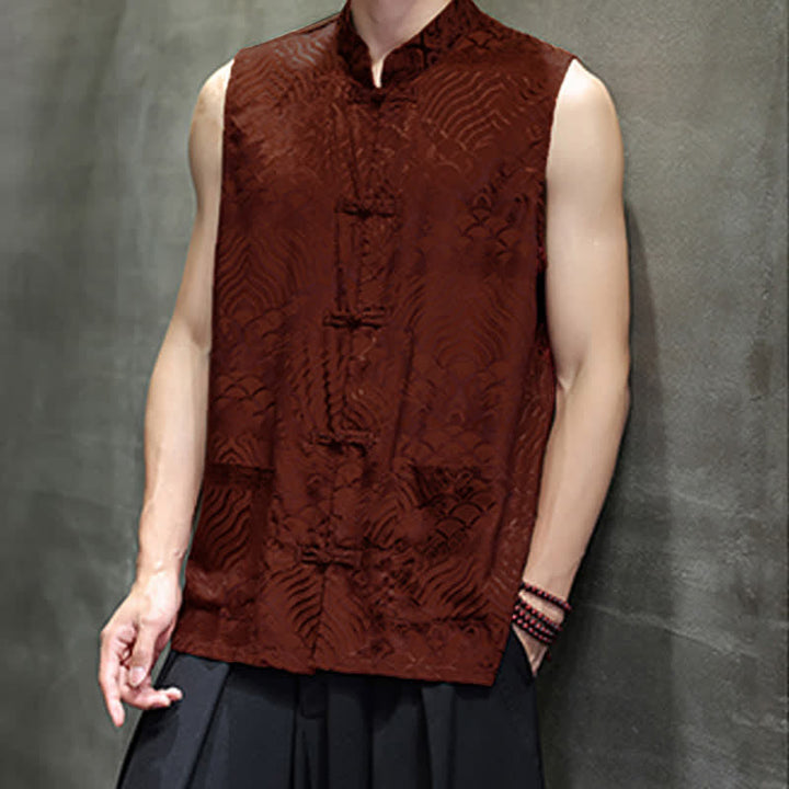 Buddha Stones Sommerliches Tanktop im Tang-Stil mit Stehkragen, Froschknopfleiste und abstraktem Meereswellenmuster, ärmellos, mit Tasche für Herren - image 9
