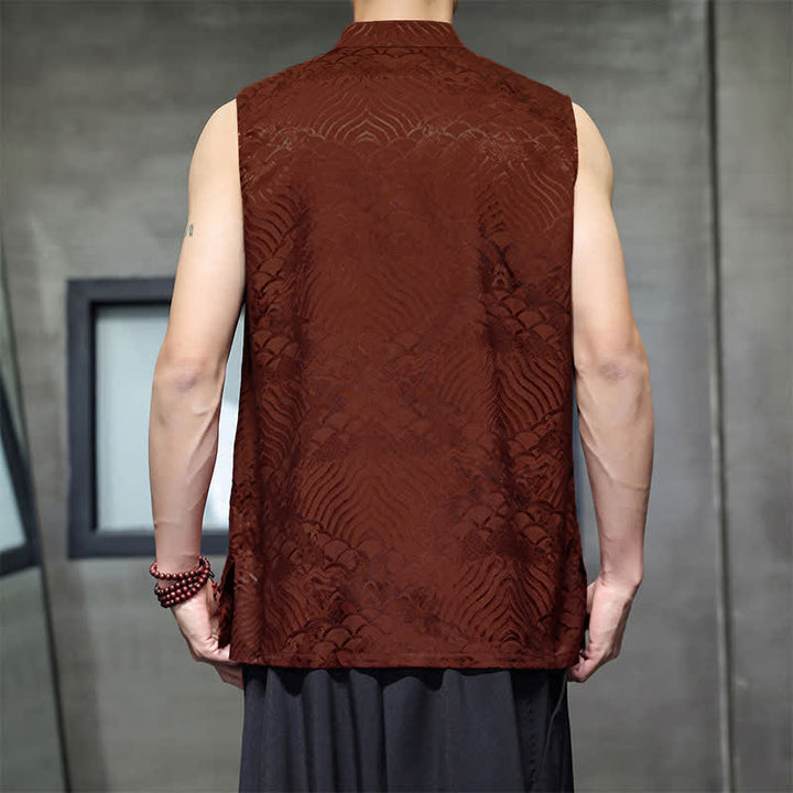 Buddha Stones Sommerliches Tanktop im Tang-Stil mit Stehkragen, Froschknopfleiste und abstraktem Meereswellenmuster, ärmellos, mit Tasche für Herren - image 10