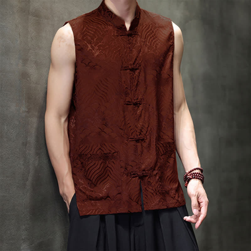 Buddha Stones Sommerliches Tanktop im Tang-Stil mit Stehkragen, Froschknopfleiste und abstraktem Meereswellenmuster, ärmellos, mit Tasche für Herren - image 11