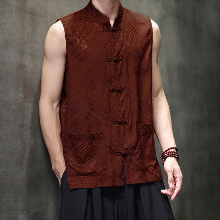Buddha Stones Sommerliches Tanktop im Tang-Stil mit Stehkragen, Froschknopfleiste und abstraktem Meereswellenmuster, ärmellos, mit Tasche für Herren - image 11
