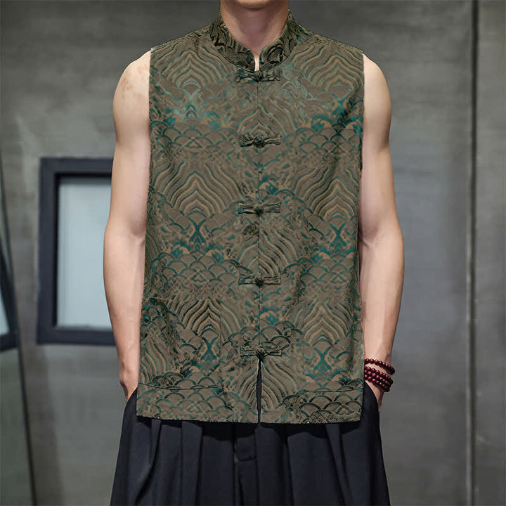 Buddha Stones Sommerliches Tanktop im Tang-Stil mit Stehkragen, Froschknopfleiste und abstraktem Meereswellenmuster, ärmellos, mit Tasche für Herren - Olive - US/UK/AU46, EU56 (5XL) - image 0