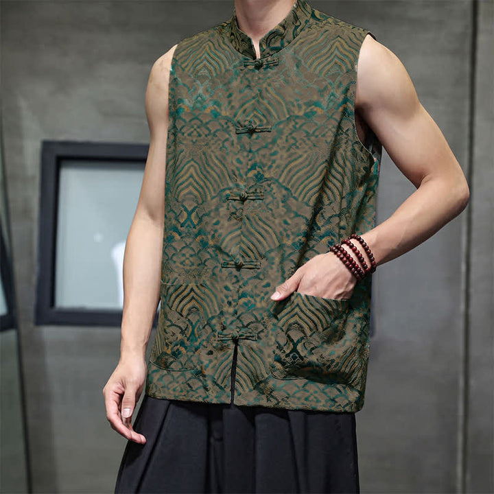 Buddha Stones Sommerliches Tanktop im Tang-Stil mit Stehkragen, Froschknopfleiste und abstraktem Meereswellenmuster, ärmellos, mit Tasche für Herren - image 3