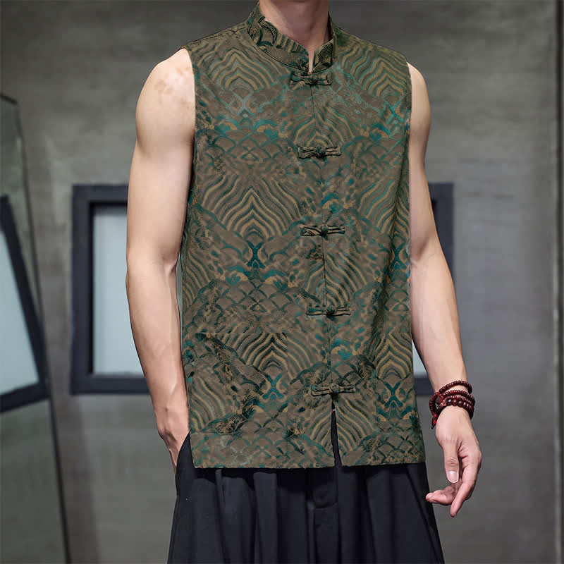 Buddha Stones Sommerliches Tanktop im Tang-Stil mit Stehkragen, Froschknopfleiste und abstraktem Meereswellenmuster, ärmellos, mit Tasche für Herren - image 1