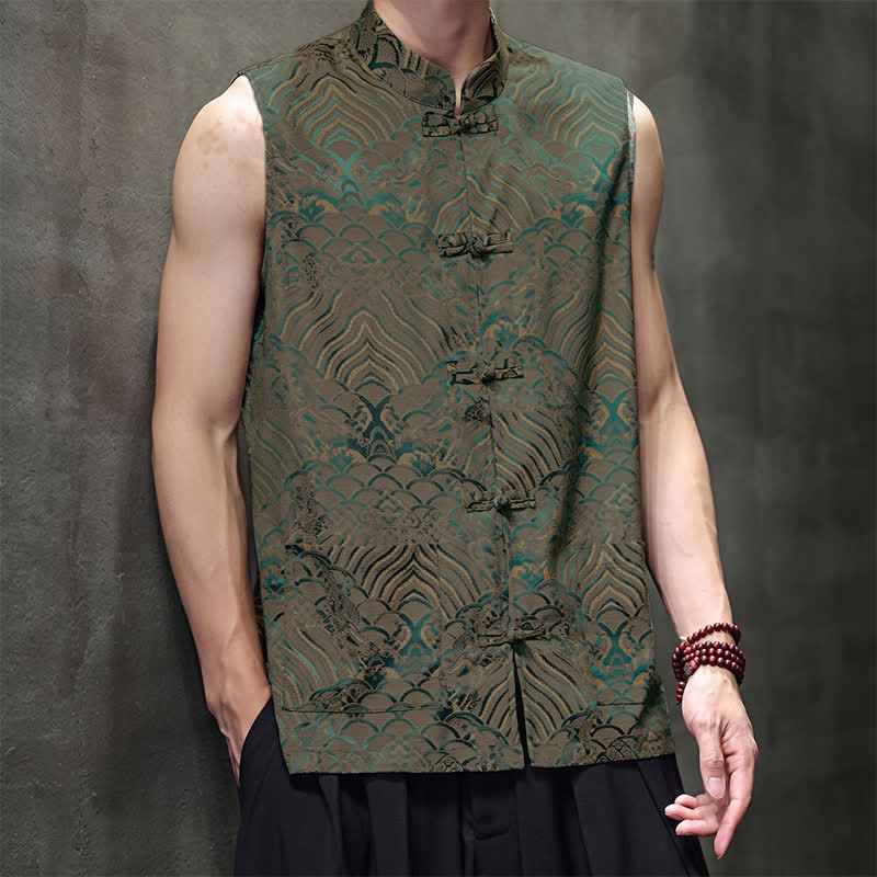 Buddha Stones Sommerliches Tanktop im Tang-Stil mit Stehkragen, Froschknopfleiste und abstraktem Meereswellenmuster, ärmellos, mit Tasche für Herren - image 5