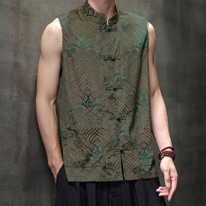 Buddha Stones Sommerliches Tanktop im Tang-Stil mit Stehkragen, Froschknopfleiste und abstraktem Meereswellenmuster, ärmellos, mit Tasche für Herren - image 5