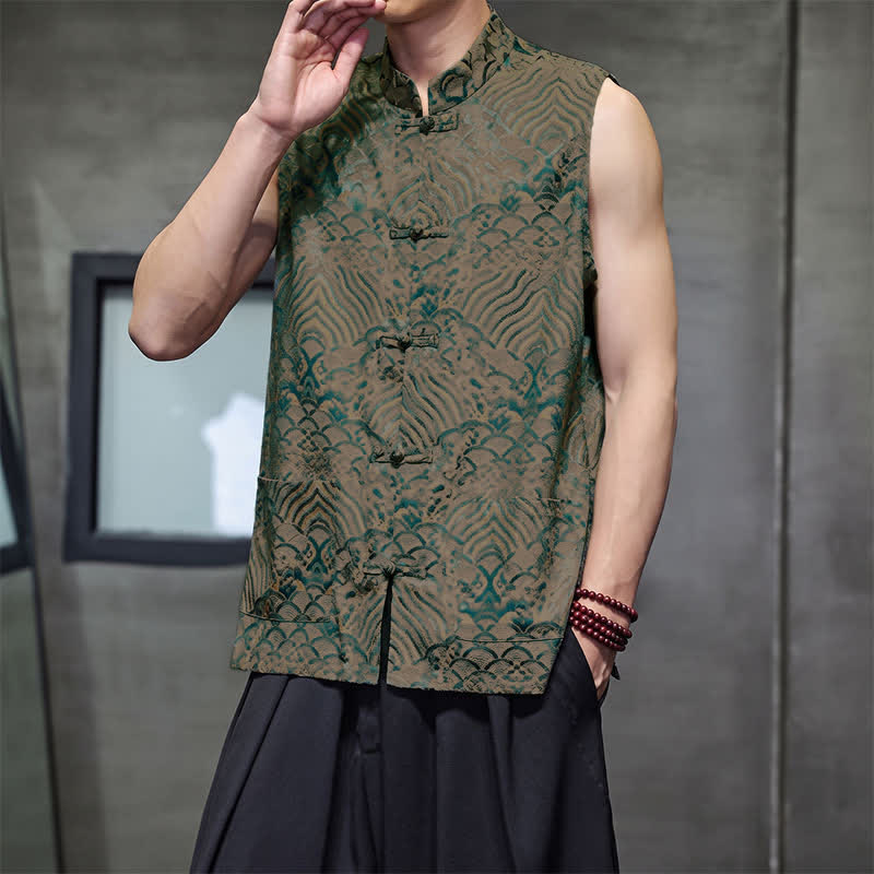 Buddha Stones Sommerliches Tanktop im Tang-Stil mit Stehkragen, Froschknopfleiste und abstraktem Meereswellenmuster, ärmellos, mit Tasche für Herren - image 4