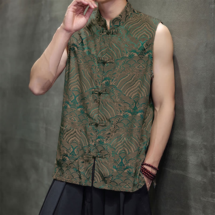 Buddha Stones Sommerliches Tanktop im Tang-Stil mit Stehkragen, Froschknopfleiste und abstraktem Meereswellenmuster, ärmellos, mit Tasche für Herren - image 2