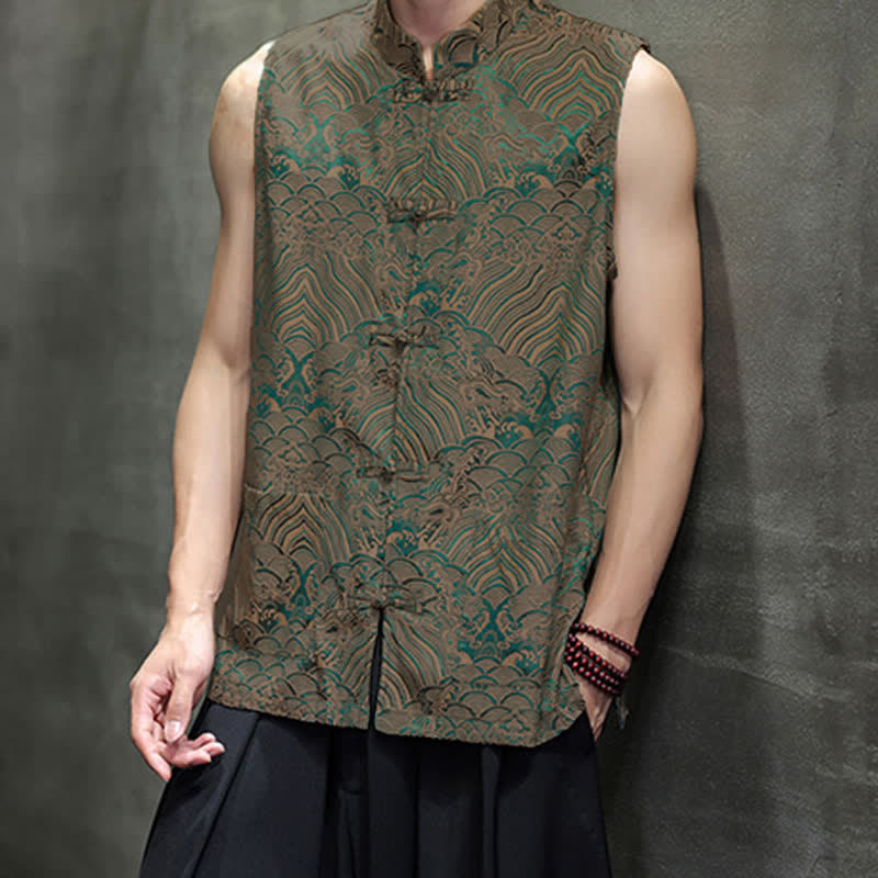 Buddha Stones Sommerliches Tanktop im Tang-Stil mit Stehkragen, Froschknopfleiste und abstraktem Meereswellenmuster, ärmellos, mit Tasche für Herren - image 6