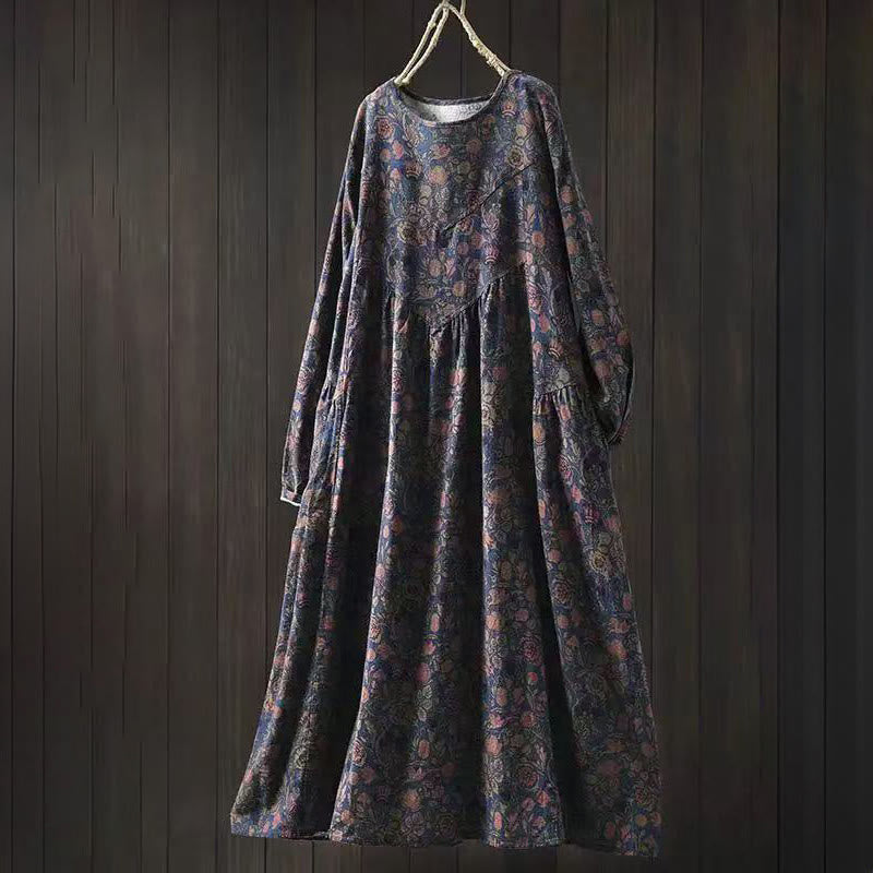 Buddha Stones ​​Retro-Blumenmuster A-Linien-Design Langarm-Midikleid für Damen - Dunkelblau - US4-8/10, UK/AU8-12/14, EU36-40/42 (F) - image 11
