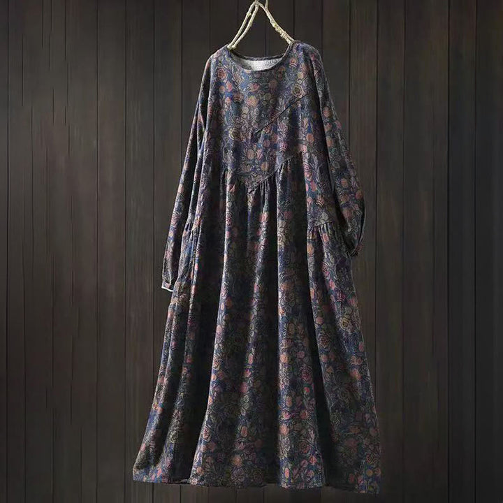 Buddha Stones ​​Retro-Blumenmuster A-Linien-Design Langarm-Midikleid für Damen - Dunkelblau - US4-8/10, UK/AU8-12/14, EU36-40/42 (F) - image 11