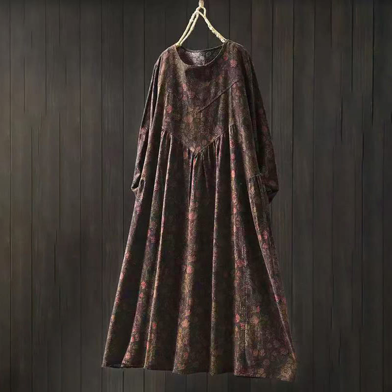 Buddha Stones ​​Retro-Blumenmuster A-Linien-Design Langarm-Midikleid für Damen - Sattelbraun - US4-8/10, UK/AU8-12/14, EU36-40/42 (F) - image 13