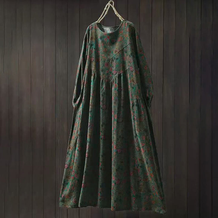 Buddha Stones ​​Retro-Blumenmuster A-Linien-Design Langarm-Midikleid für Damen - Dunkelolivgrün - US4-8/10, UK/AU8-12/14, EU36-40/42 (F) - image 0