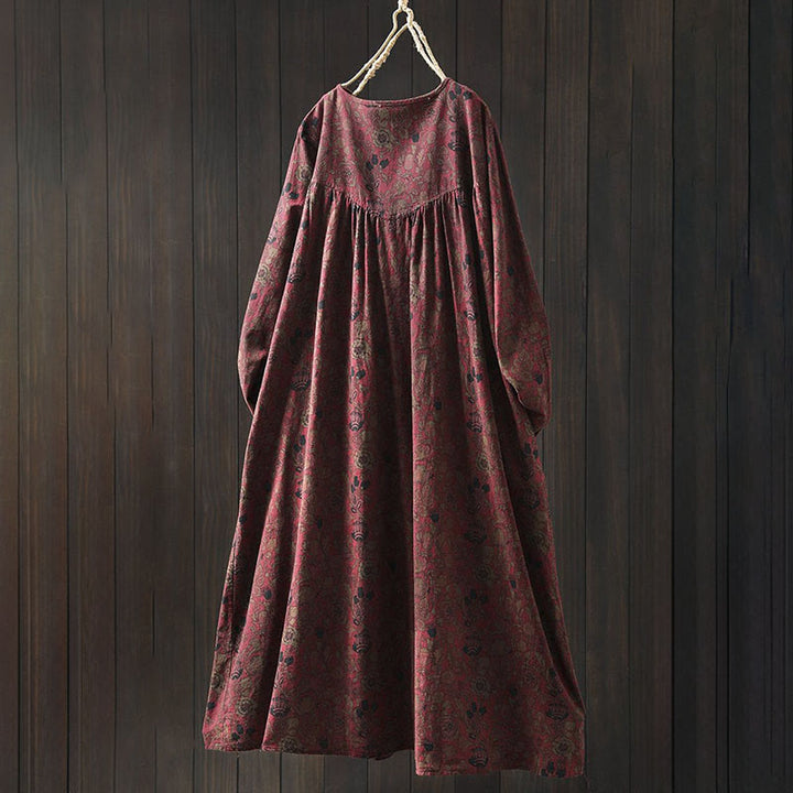 Buddha Stones ​​Retro-Blumenmuster A-Linien-Design Langarm-Midikleid für Damen - image 3