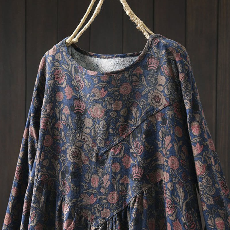 Buddha Stones ​​Retro-Blumenmuster A-Linien-Design Langarm-Midikleid für Damen - image 12