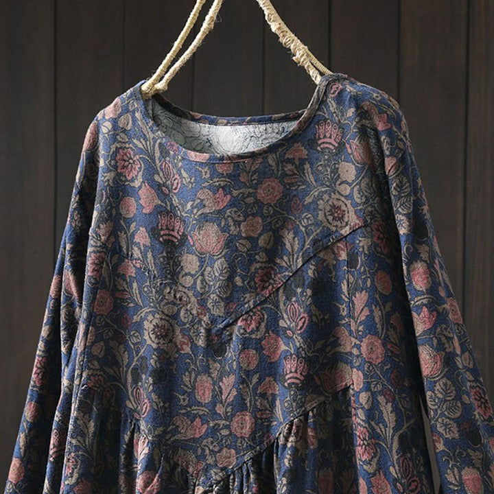 Buddha Stones ​​Retro-Blumenmuster A-Linien-Design Langarm-Midikleid für Damen - image 12