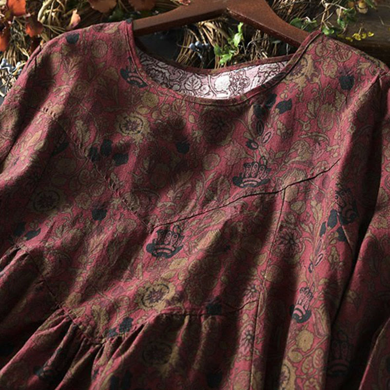 Buddha Stones ​​Retro-Blumenmuster A-Linien-Design Langarm-Midikleid für Damen - image 6
