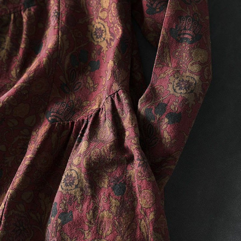 Buddha Stones ​​Retro-Blumenmuster A-Linien-Design Langarm-Midikleid für Damen - image 7