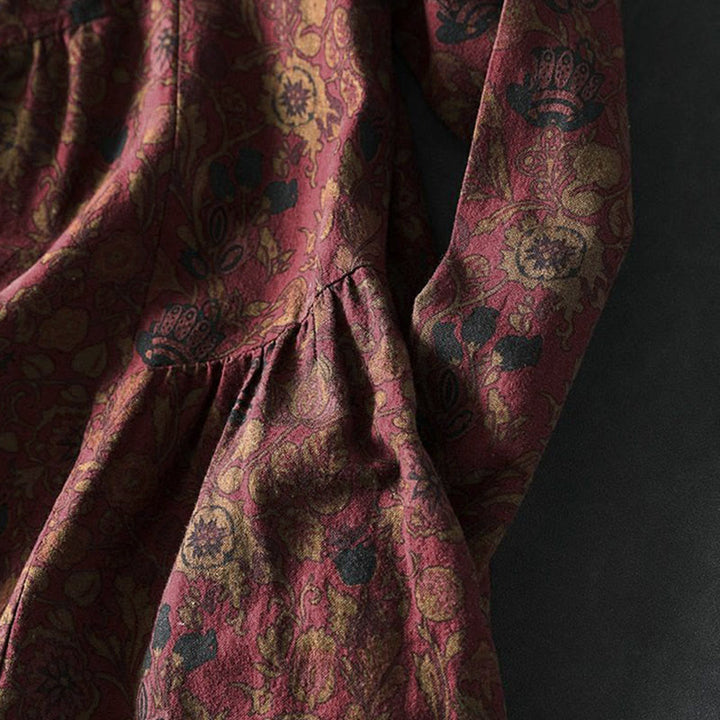 Buddha Stones ​​Retro-Blumenmuster A-Linien-Design Langarm-Midikleid für Damen - image 7