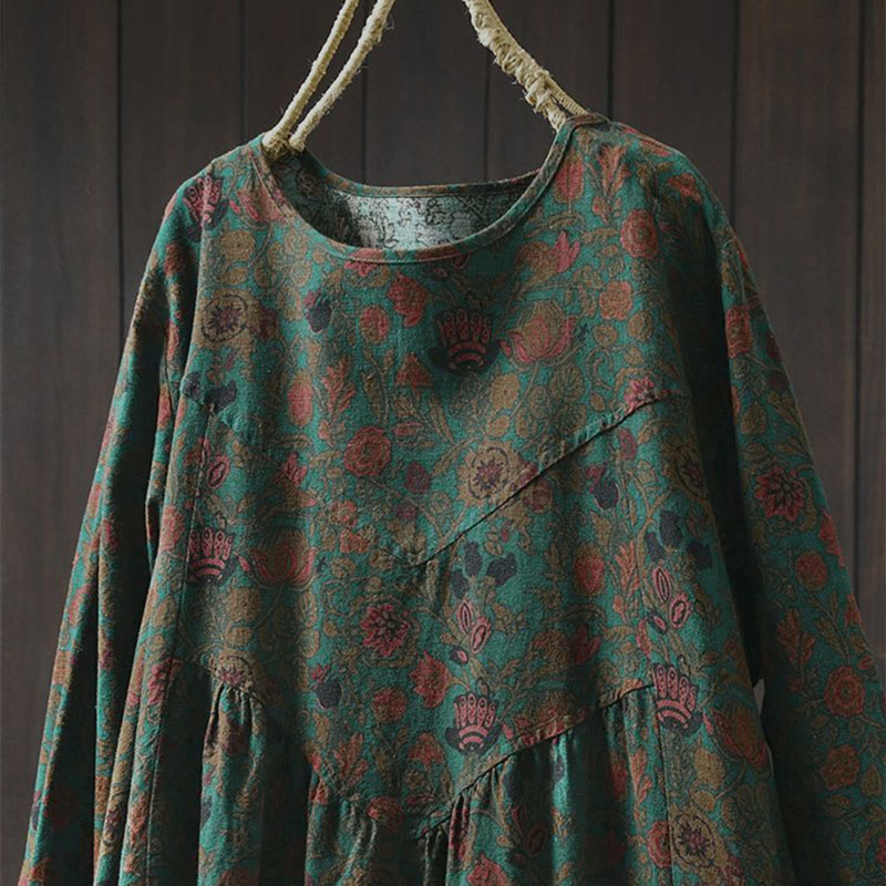 Buddha Stones ​​Retro-Blumenmuster A-Linien-Design Langarm-Midikleid für Damen - image 1