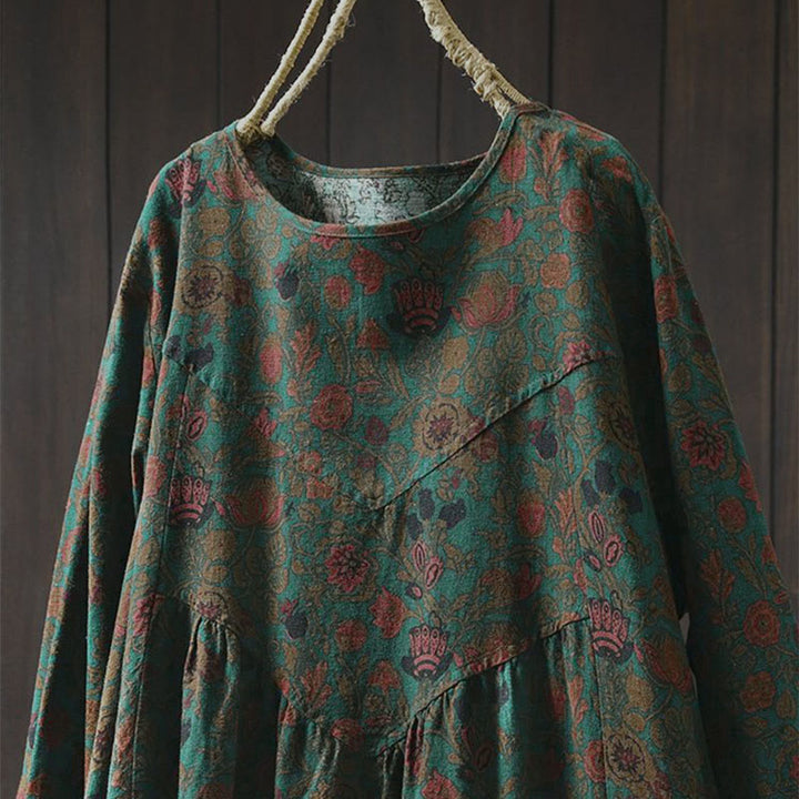 Buddha Stones ​​Retro-Blumenmuster A-Linien-Design Langarm-Midikleid für Damen - image 1