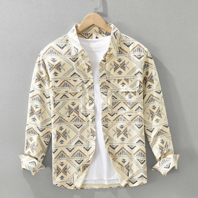 Buddha Stones Lässiges Boho-Herrenhemd mit Knopfleiste, geometrischem Muster und Tasche für Frühling und Herbst. - Khaki - US/UK/AU42, EU52 (3XL) - image 0