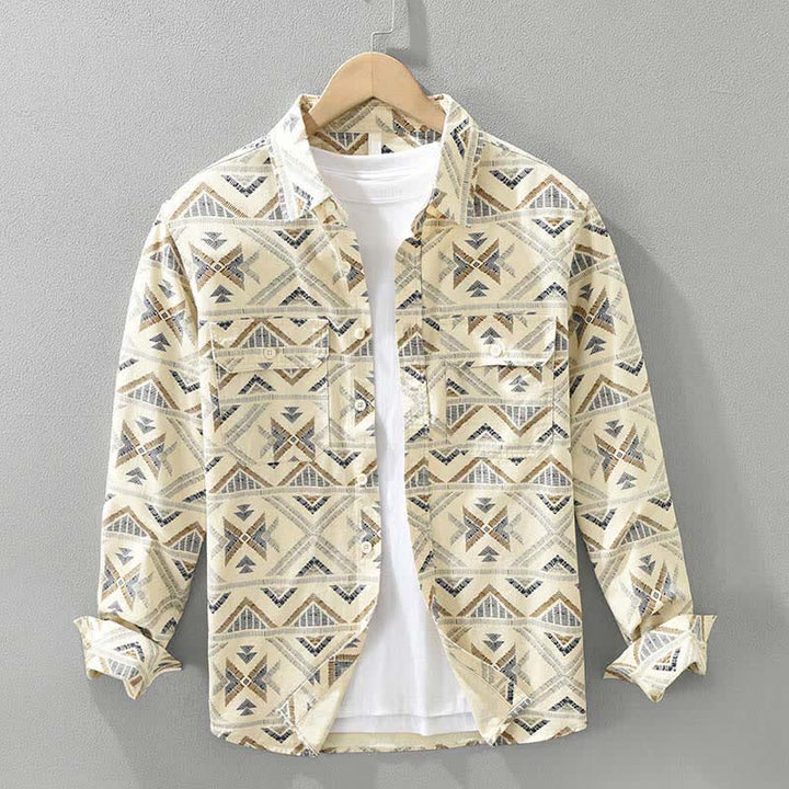 Buddha Stones Lässiges Boho-Herrenhemd mit Knopfleiste, geometrischem Muster und Tasche für Frühling und Herbst. - Khaki - US/UK/AU42, EU52 (3XL) - image 0