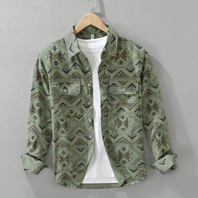 Buddha Stones Lässiges Boho-Herrenhemd mit Knopfleiste, geometrischem Muster und Tasche für Frühling und Herbst. - Dunkelmeergrün - US/UK/AU42, EU52 (3XL) - image 5
