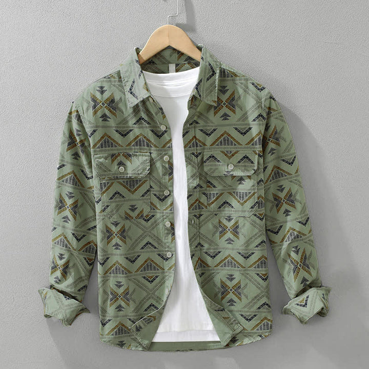 Buddha Stones Lässiges Boho-Herrenhemd mit Knopfleiste, geometrischem Muster und Tasche für Frühling und Herbst. - Dunkelmeergrün - US/UK/AU42, EU52 (3XL) - image 5