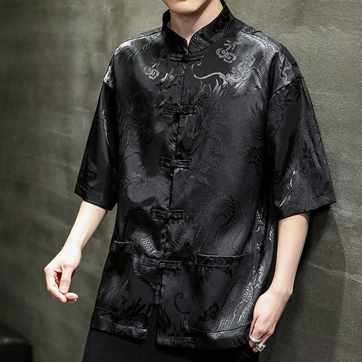 Buddha Stones Sommerliches Kurzarmhemd im Tang-Stil mit Mandarin-Kragen, Froschknopfleiste und Drachenmuster, Herren mit Tasche - Schwarz - US/UK/AU40, EU50 (2XL) - image 9