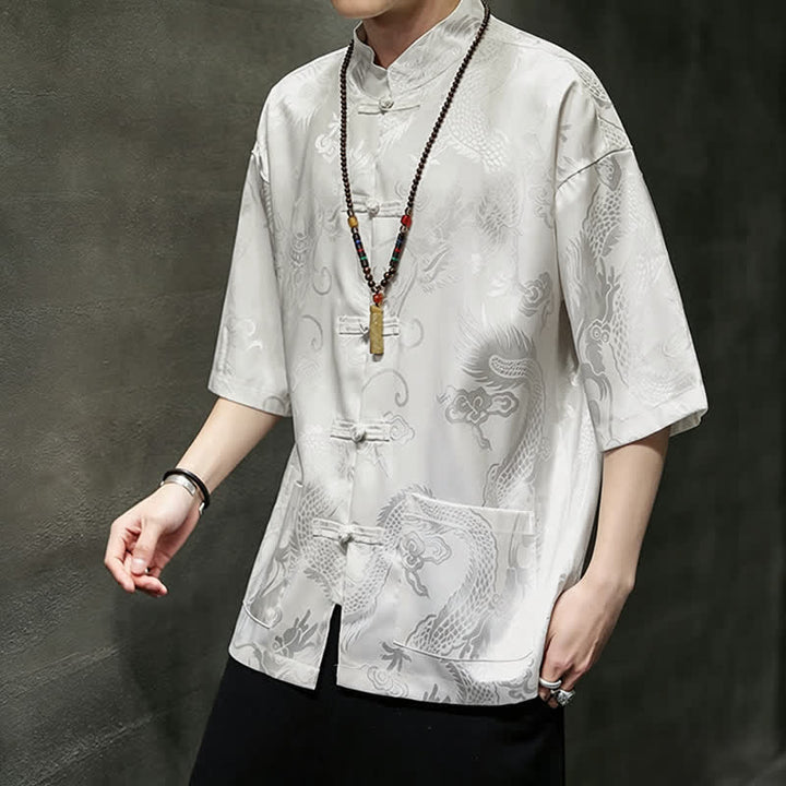 Buddha Stones Sommerliches Kurzarmhemd im Tang-Stil mit Mandarin-Kragen, Froschknopfleiste und Drachenmuster, Herren mit Tasche - image 8