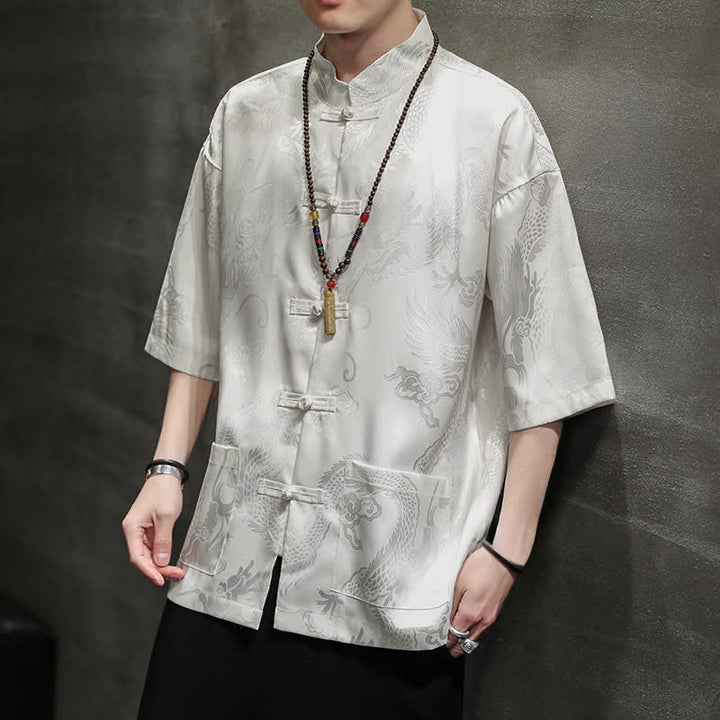 Buddha Stones Sommerliches Kurzarmhemd im Tang-Stil mit Mandarin-Kragen, Froschknopfleiste und Drachenmuster, Herren mit Tasche - Weiß - US/UK/AU40, EU50 (2XL) - image 0