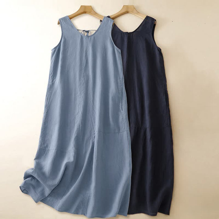 Buddha Stones Lässiges, minimalistisches, einfarbiges, ärmelloses Sommerkleid für Damen mit Rundhalsausschnitt und Tasche - image 17