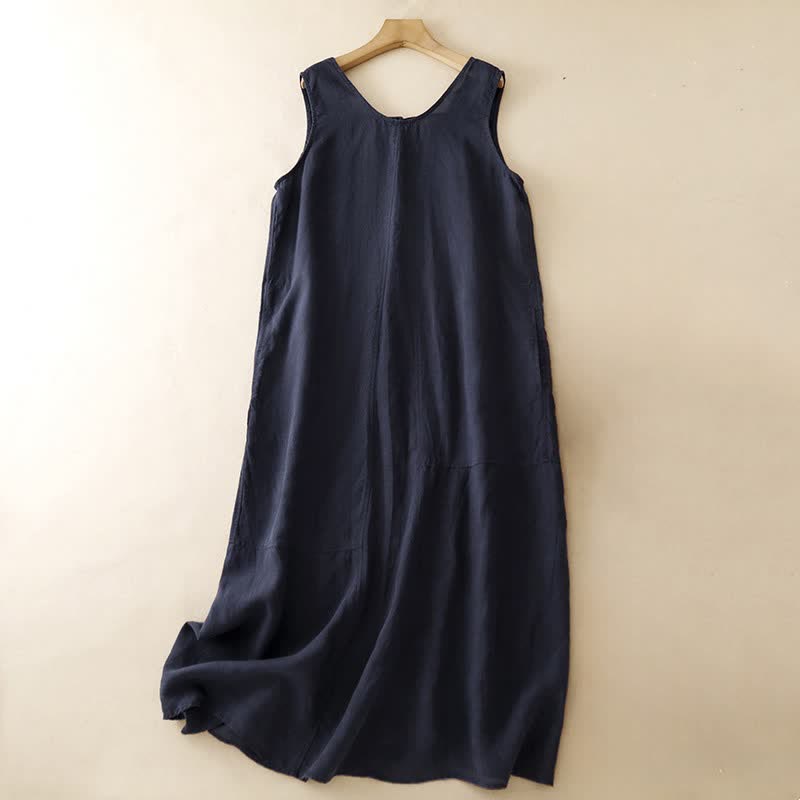 Buddha Stones Lässiges, minimalistisches, einfarbiges, ärmelloses Sommerkleid für Damen mit Rundhalsausschnitt und Tasche - Marine - US14, UK/AU18, EU46 (2XL) - image 9