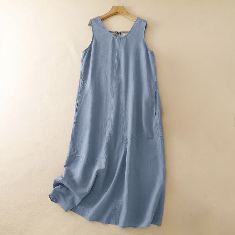 Buddha Stones Lässiges, minimalistisches, einfarbiges, ärmelloses Sommerkleid für Damen mit Rundhalsausschnitt und Tasche - Hellstahlblau - US14, UK/AU18, EU46 (2XL) - image 0