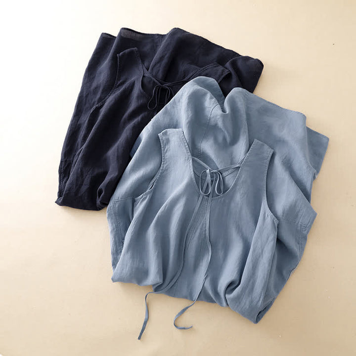 Buddha Stones Lässiges, minimalistisches, einfarbiges, ärmelloses Sommerkleid für Damen mit Rundhalsausschnitt und Tasche - image 18