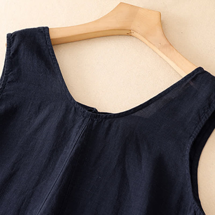 Buddha Stones Lässiges, minimalistisches, einfarbiges, ärmelloses Sommerkleid für Damen mit Rundhalsausschnitt und Tasche - image 10