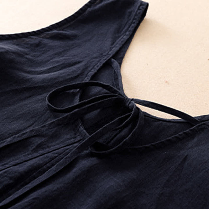 Buddha Stones Lässiges, minimalistisches, einfarbiges, ärmelloses Sommerkleid für Damen mit Rundhalsausschnitt und Tasche - image 11