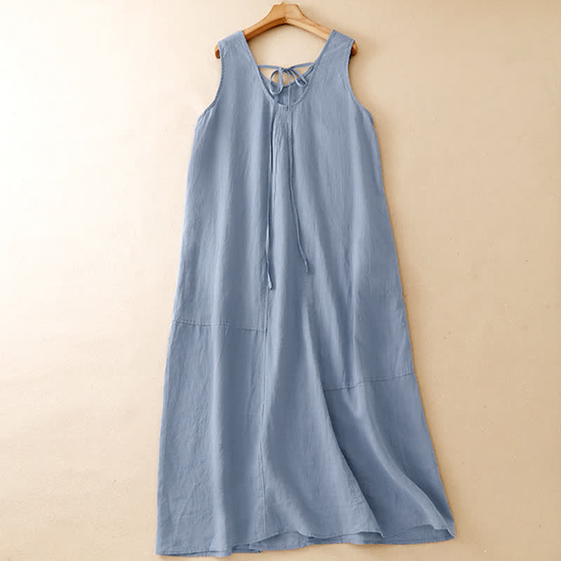 Buddha Stones Lässiges, minimalistisches, einfarbiges, ärmelloses Sommerkleid für Damen mit Rundhalsausschnitt und Tasche - image 1